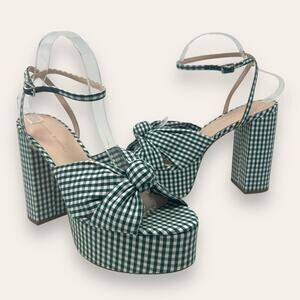 Loeffler Randall Roz Knot Platform Sandal Gingham Check Green White 9.5 Women’s